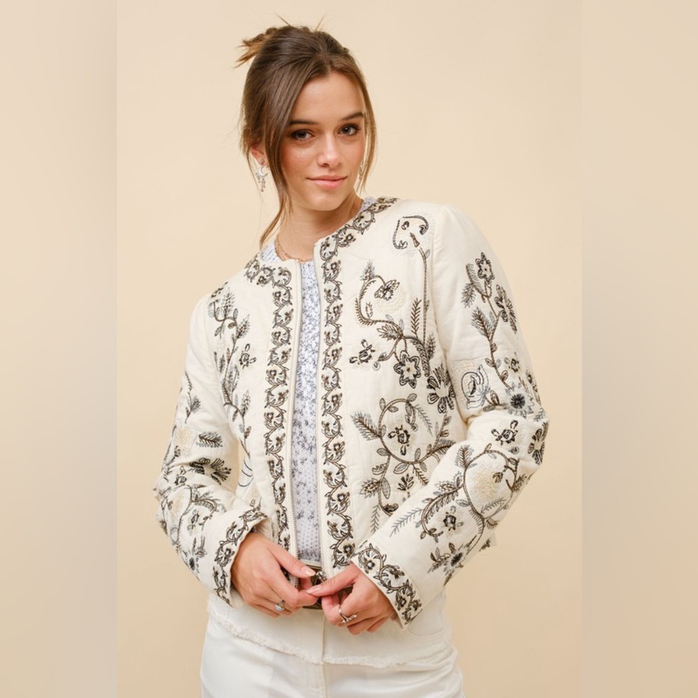 Embroidered Zip Up Jacket in Vanilla Black - Picture 4 of 8